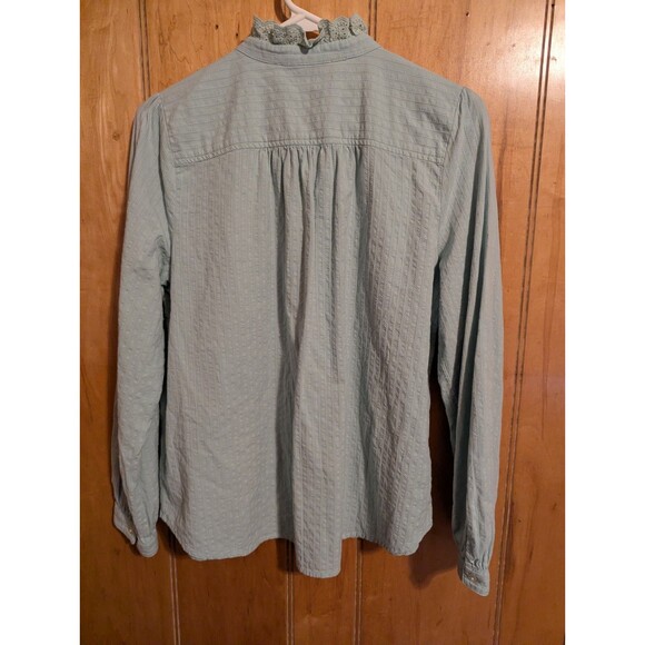 LOFT Women’s Sage Green BluCottagecore Lace Trim Pintuck Button Front Blouse L/p - Picture 12 of 12